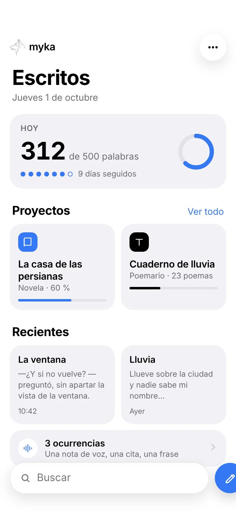 Pantalla de inicio de Myka con la meta de palabras del día, proyectos y escritos recientes.